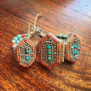 Bracelet Silver Turquoise Coral Boho Hippie Aspen Western Statement